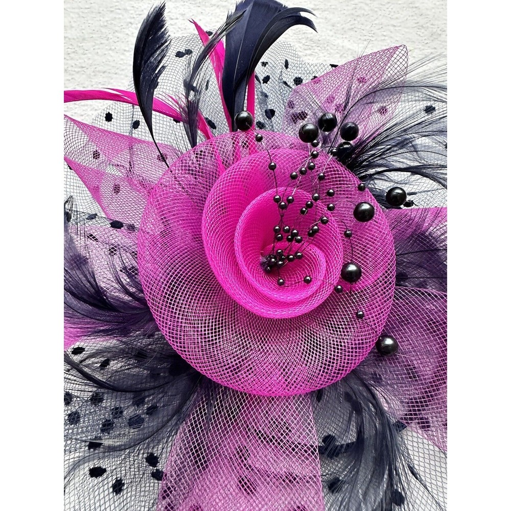 Navy/Pink Feather Mesh Fascinator Hat Clip Head Band Wedding Tea Cocktail Party